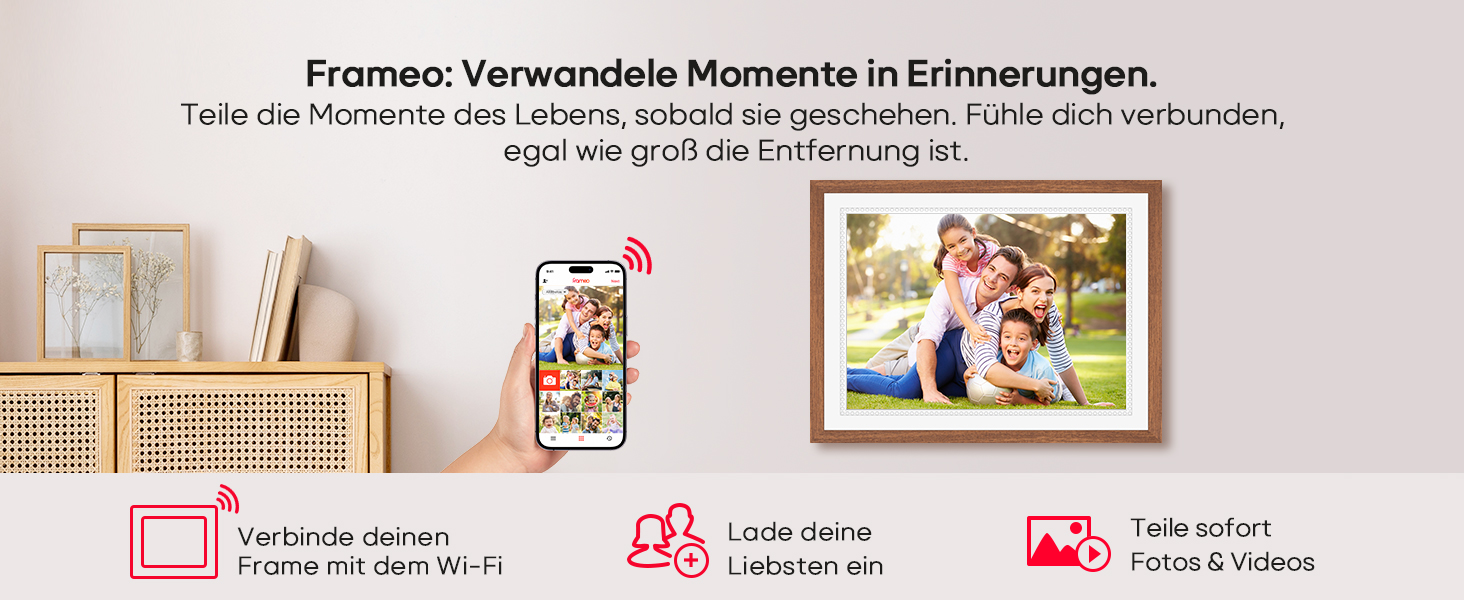 Frameo Цифровий фоторамка 10,1 дюйма, HD 1280*800 IPS сенсорний екран, 32GB пам'ять, автоповорот, Frameo App для обміну фото та відео, 15 дерев'яних текстур (білий)