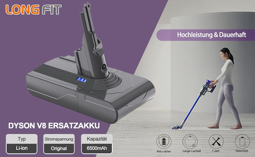 Акумулятор для Dyson V8 SV10, LONGFIT 6500mAh Змінна батарея для V8 Absolute/Animal/Fluffy/Motrhead/Parquet