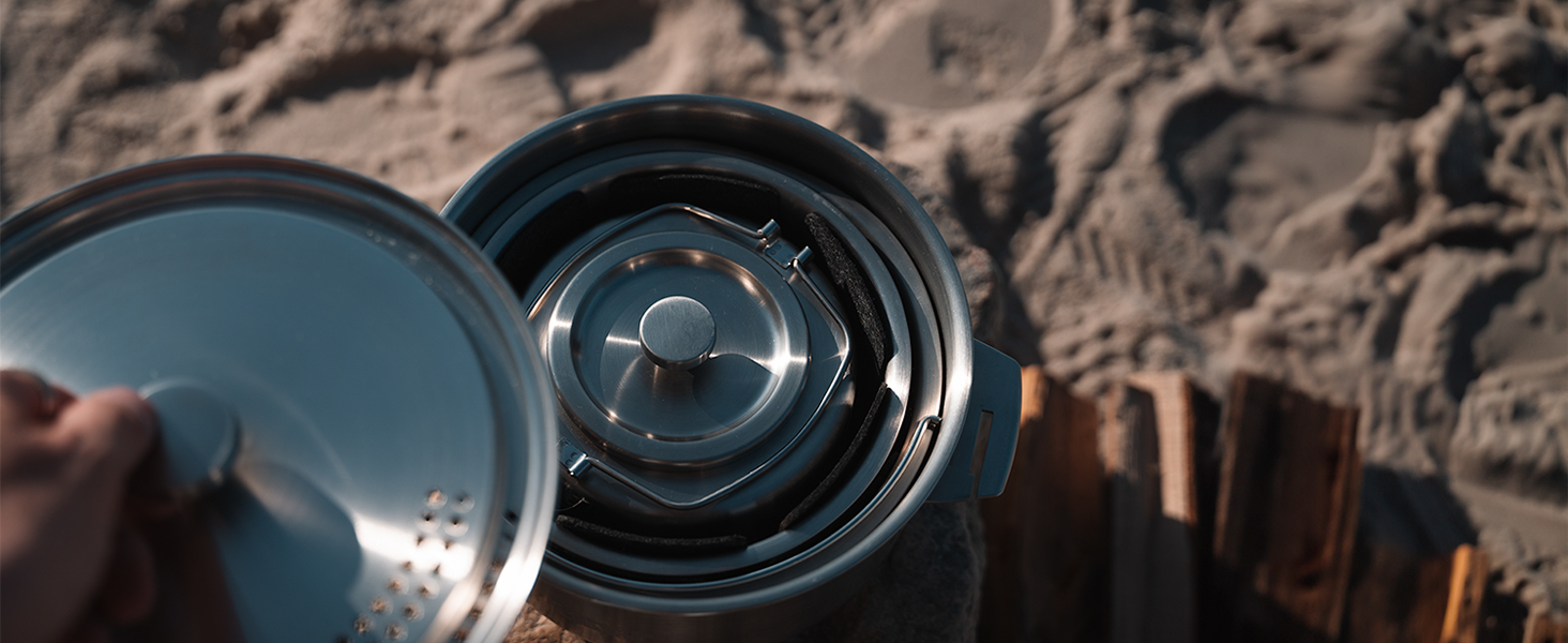 Набір посуду для кемпінгу Campo Libre Enzo I з нержавіючої сталі: компактний, індукційний, 6 або 8-ти частинний