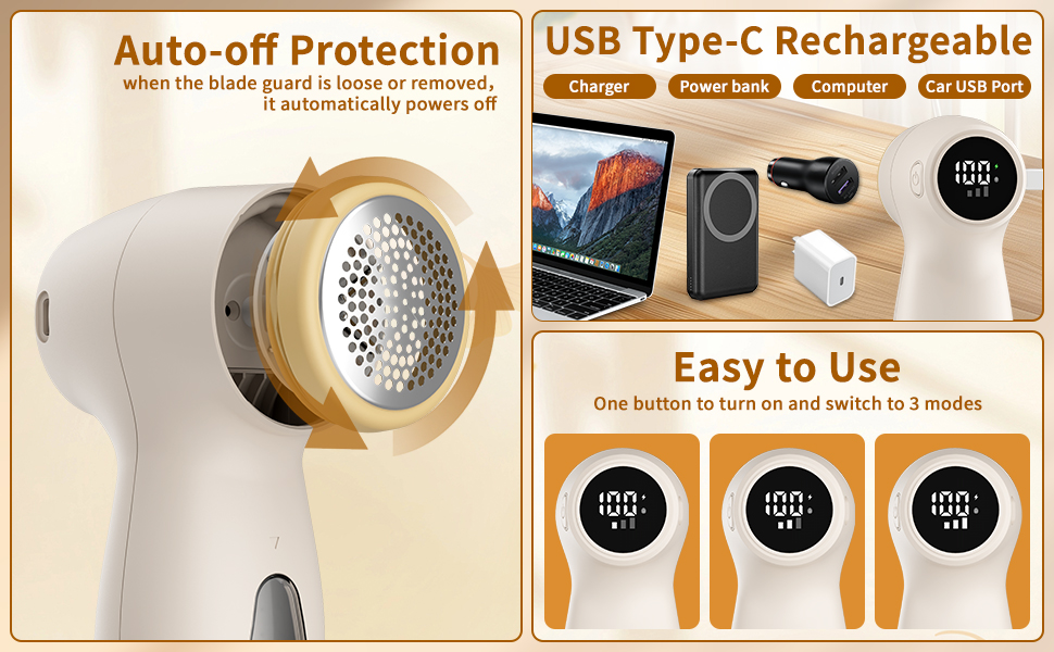 Електричний видальник для одягу та меблів, видалення ворсу, 6-лезове, перезаряджуваний, з цифровим дисплеєм, білий