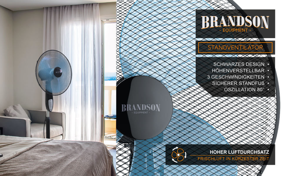 Підлоговий вентилятор Brandson з пультом дистанційного керування, 50 Вт, 3 швидкості, коливання 80°, чорний