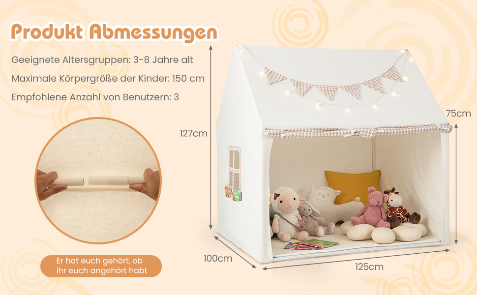 Дитяче намет-будиночок COSTWAY з килимком та світлом, з прапором та вікнами, для хлопчиків та дівчаток від 3 років (Бежевий)