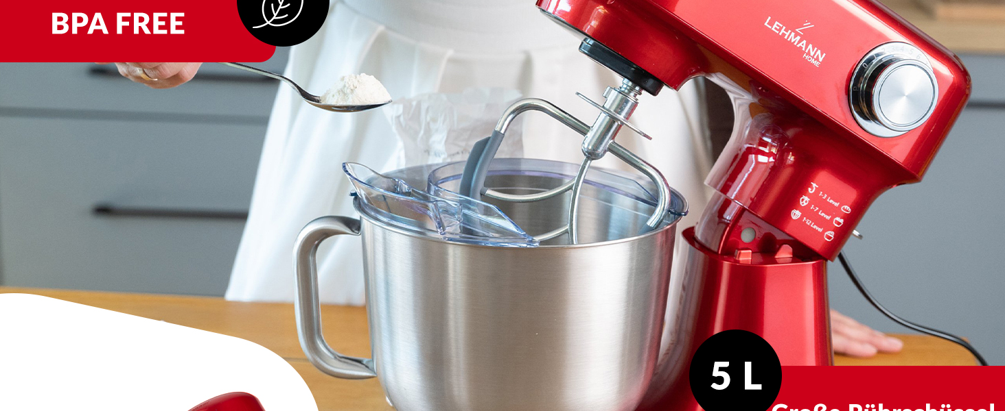 Кухонна машина Lehmann - планетарний міксер з набором аксесуарів - 3 насадки, кришка-розбризкувач, чаша 5л, 12 швидкостей, захист від перегріву, неслизька, червона