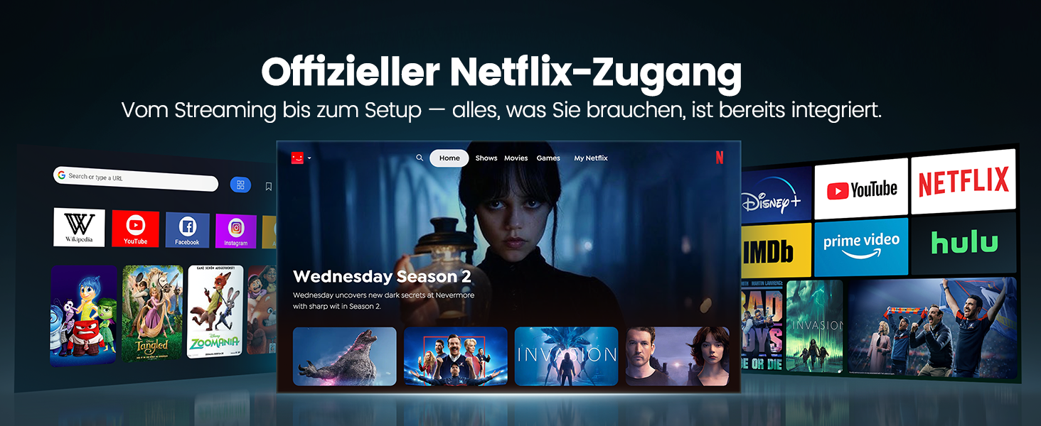 4K проєктор Smart Beamer з Netflix, Dolby Audio, 1000 ANSI люмен. Підтримка автофокусу, корекції трапеції 6D, WiFi 6/Bluetooth. Підходить для Android/iPhone, для дому та на вулицю. Чорний.