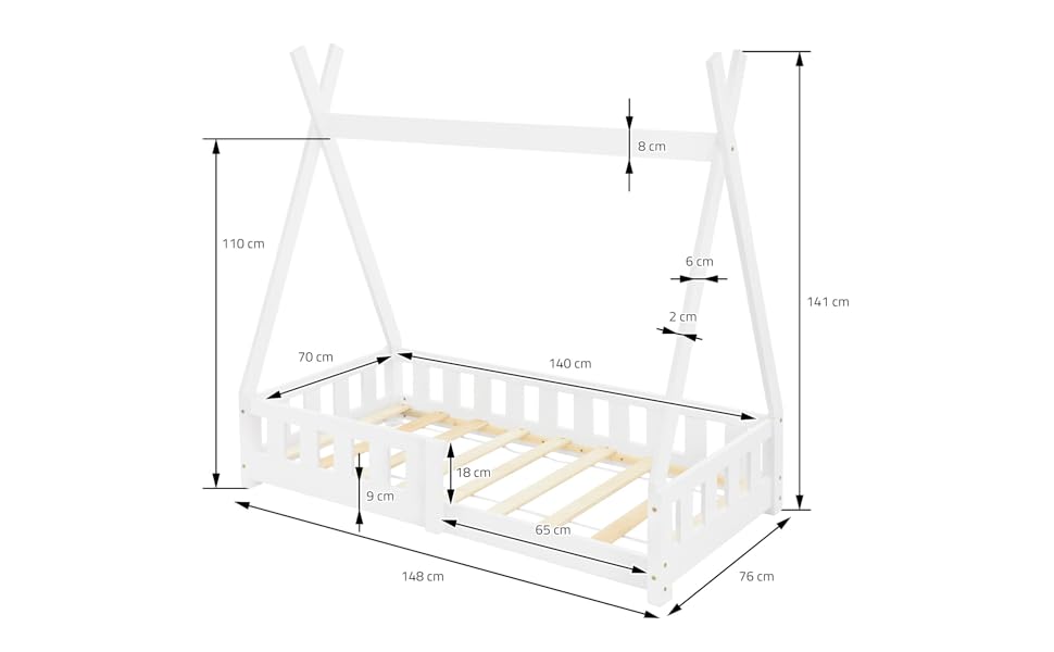 Дитяче ліжко-халапа Tipi 70x140 см біле з бортиками та ламелями, з сосни, індіанське ліжко для дівчаток та хлопчиків, будиночок-ліжко з огорожею, ліжко-халапа для дітей та підлітків, ігрове ліжко-намет