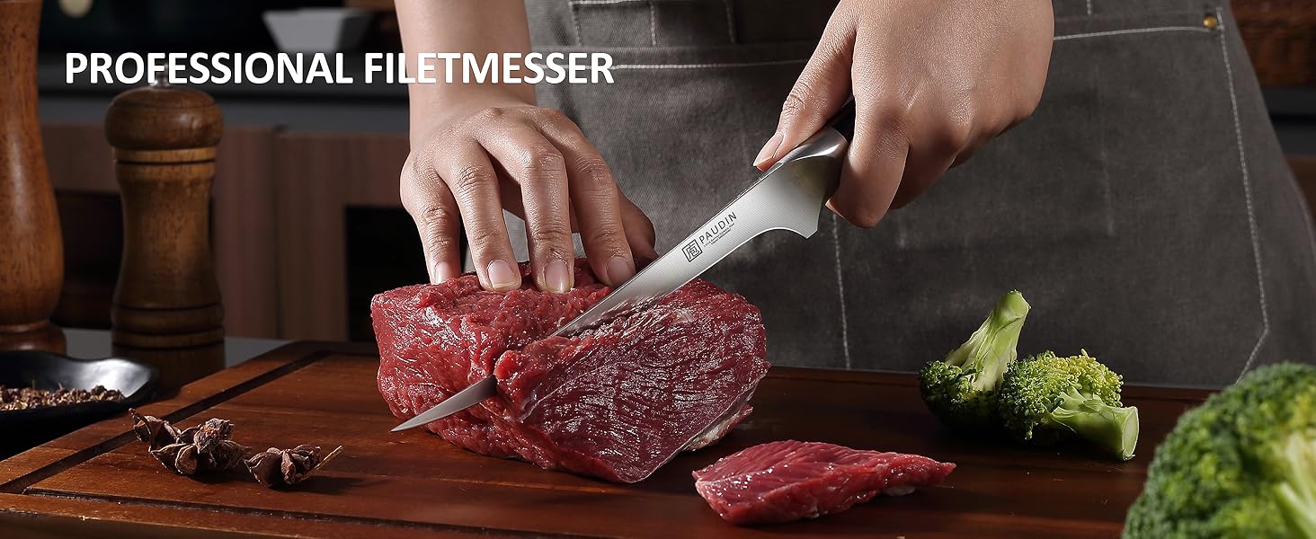 Набір кухонних ножів Paudin 7 предметів з дерев'яним блоком, професійний набір ножів для кухні, з високоякісним лезом та ABS ручками (рибний ніж)