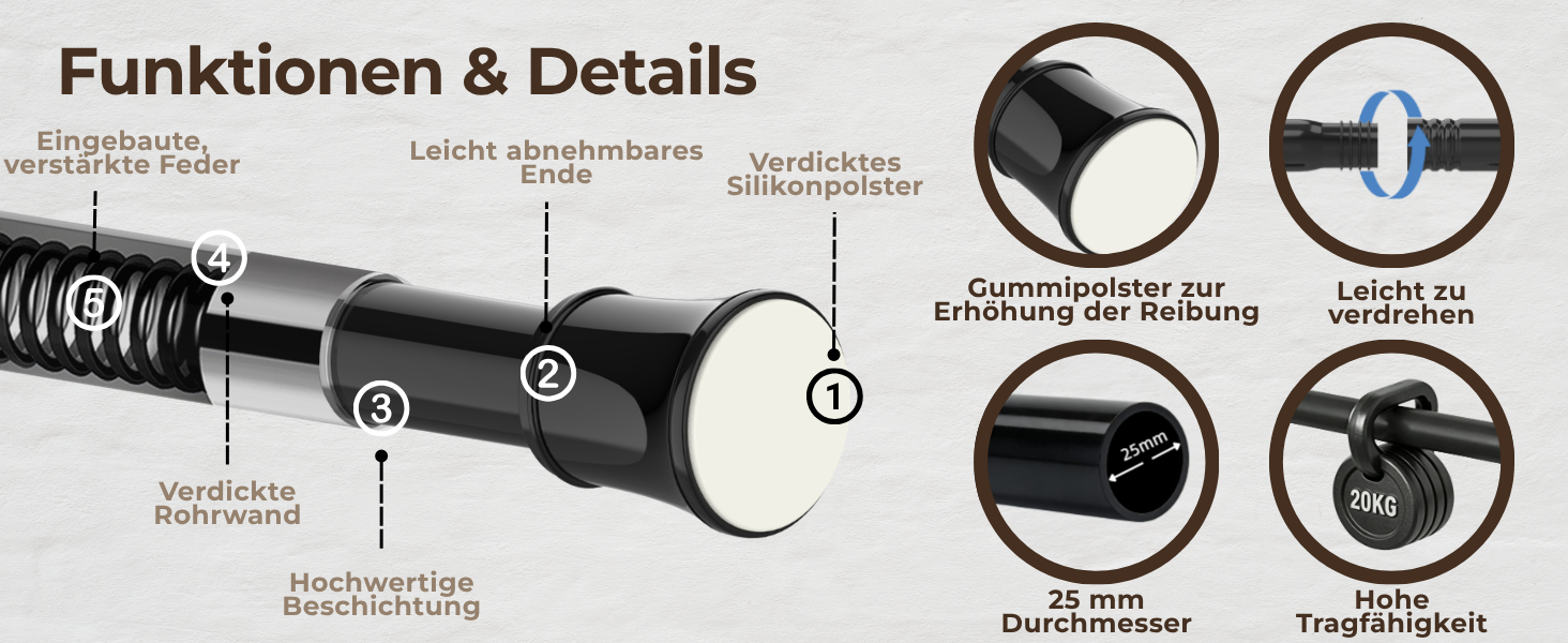 Телескопічний карниз для штор без свердління та гвинтів, розсувна штанга для ванної кімнати та гардероба, біла, 85-265 см (Ø 32 мм)