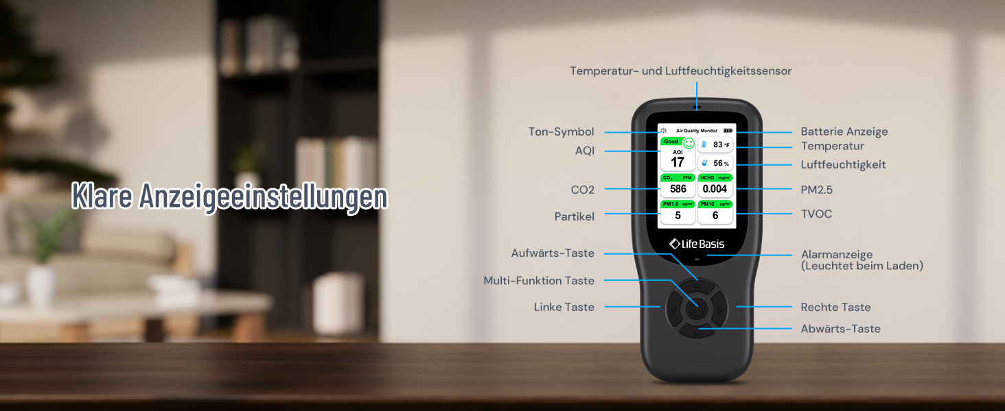 Детектор якості повітря LifeBasis 10 в 1: формальдегід, AQI, PM2.5/PM10, HCHO, TVOC, CO2, температура, вологість. USB зарядка для дому та офісу