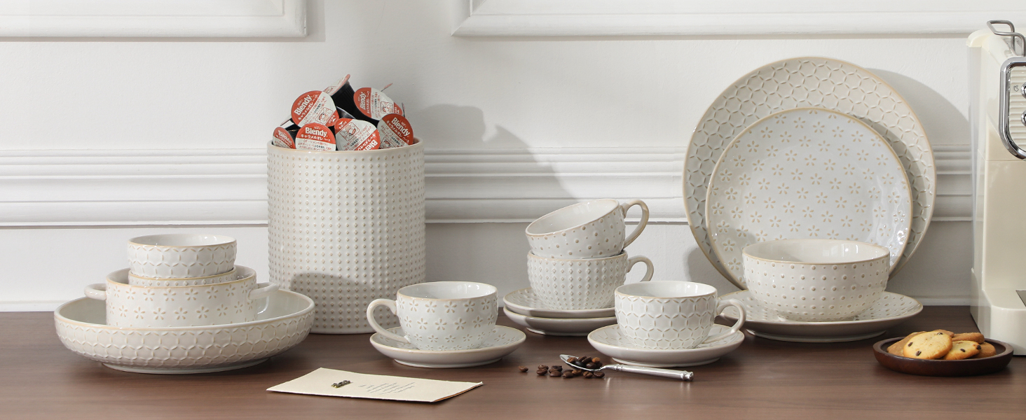 Набір посуду MALACASA LYDIA для 4 осіб (16 предметів) з кераміки з рельєфом, бежевий (4 чашки 180 мл)