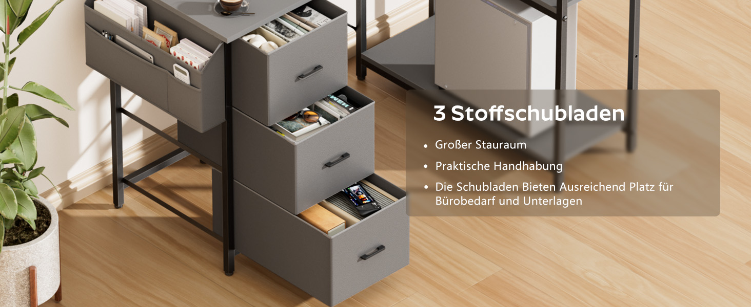 Комп'ютерний стіл HLONONE L-подібний з 3 ящиками для тканини, з полицями та бічною кишеню, для офісу, геймінгу та дому, білий (120 x 80 см, сірий)