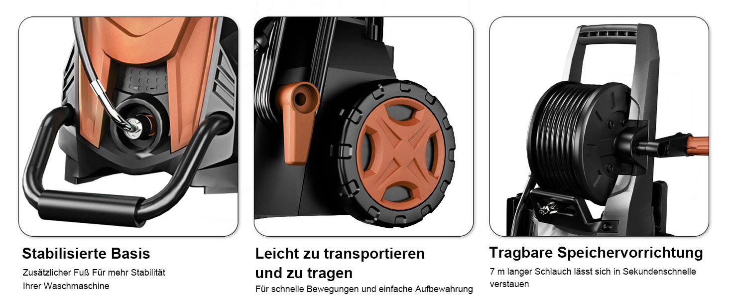 Високотискний мийник 180 бар, 6-в-1 насадка, продуктивність 420 л/год, площа очищення 50 м²/год, економний, з піночистою та барабаном для шлангу, для авто та під'їздів, червоний