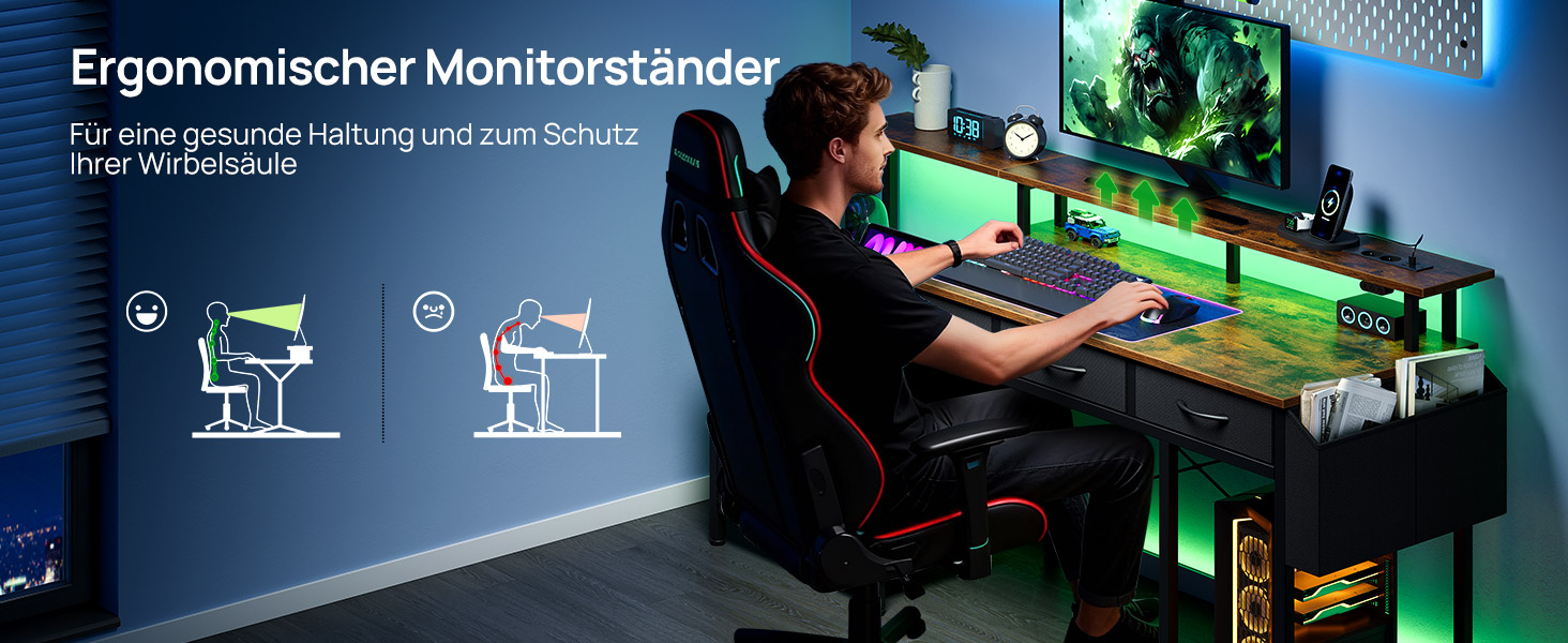 Письмовий стіл Rolanstar з розеткою, 5 шухлядами, LED підсвіткою, органайзером та підставкою під монітор. Кутовий стіл для дому та геймінгу (Вінтажний коричневий)