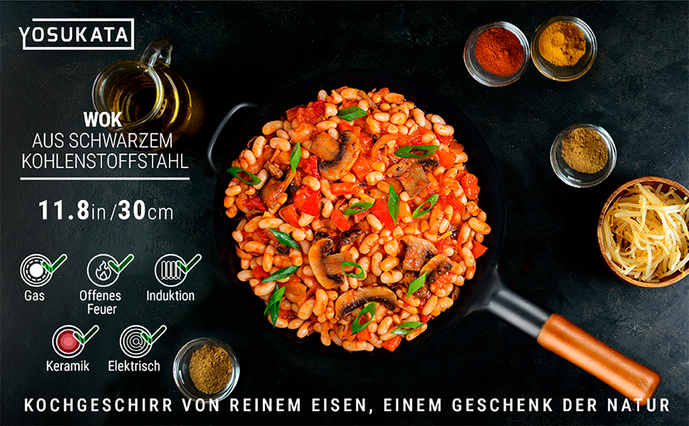 Вок YOSUKATA з вуглецевої сталі 30 см - для індукційних, газових, електричних плит та грилю