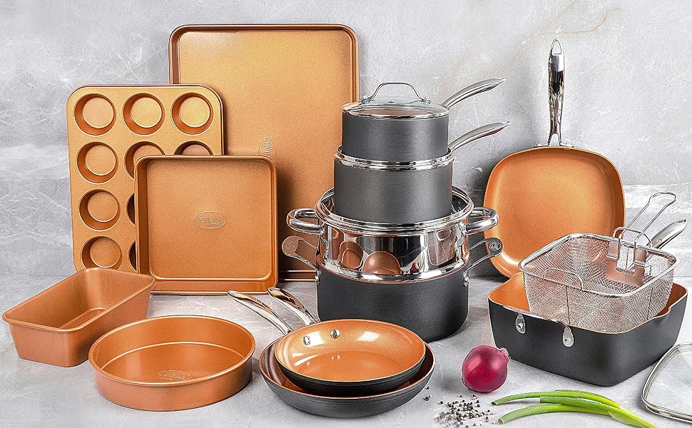 Набір кухонного посуду Gotham Steel з антипригарним покриттям, керамічно-мідним покриттям - сковорідки, каструлі, глибокий квадратний кошик для смаження, блакитний