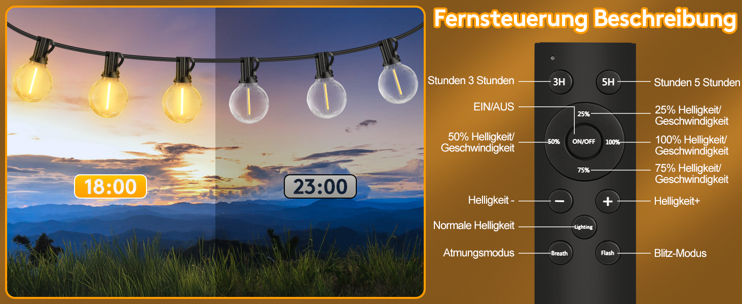 Ланцюжок прикрас LED для вулиці: 20M, 65ft, G40, для саду, балкону, павільйону, тераси, вечірки, з пульт дистанційного керування, IP44, вологостійкий, 20M