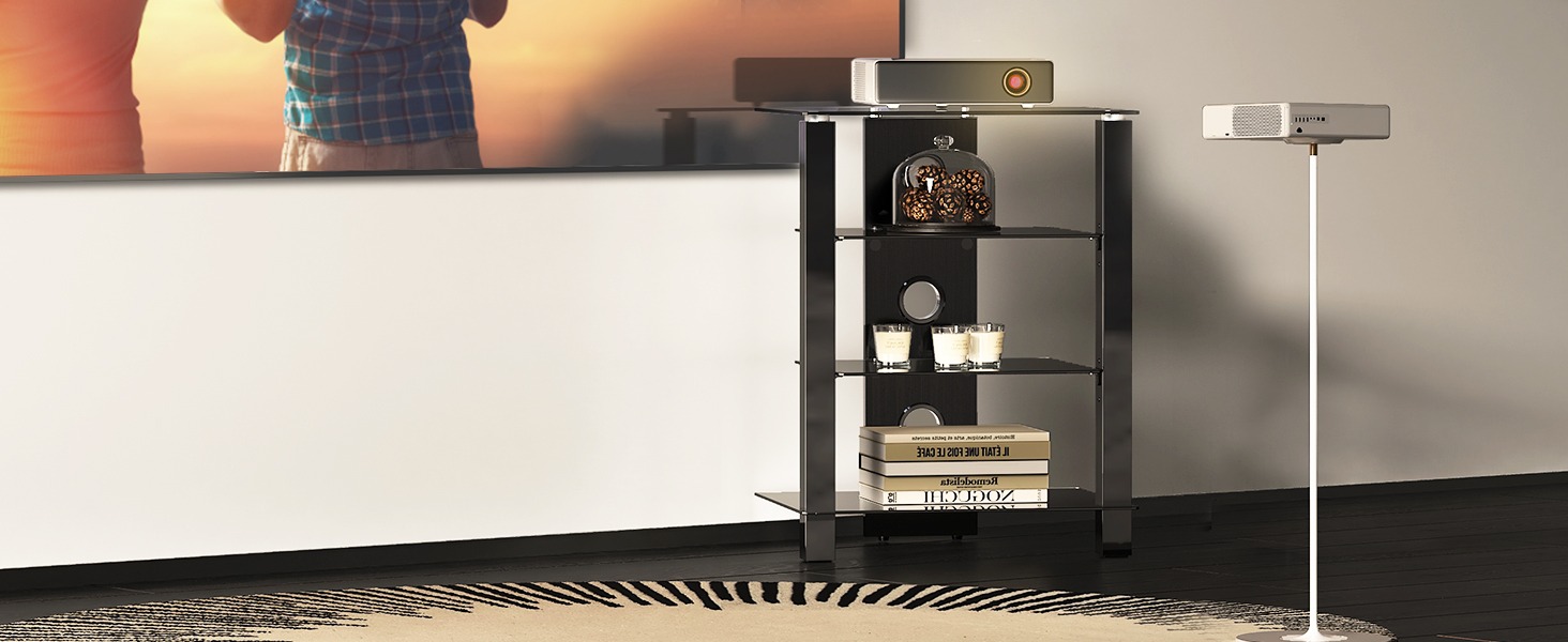 Стельова полиця FITUEYES для телевізора та аудіоапаратури з регульованою висотою, скло та алюміній