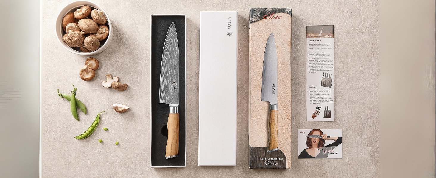 Ніж кухарський Wakoli з дамаської сталі (серцевина VG10) з 20 см лезом – гострий та збалансований – ніж з ручкою з оливкового дерева в подарунковій коробці – ніж кухонний з дамаської сталі для професіоналів та поціновувачів