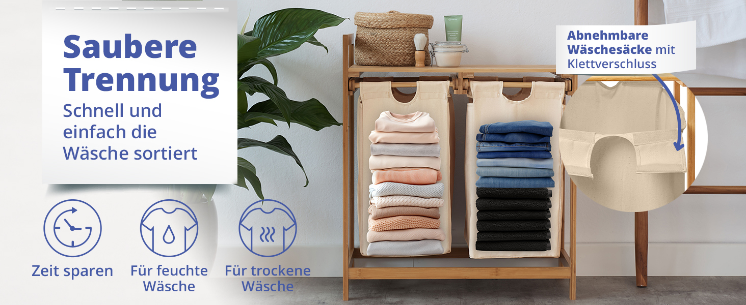 Кошик для білизни Lumaland з бамбука з 2 висувними мішками для білизни | Легкий у догляді, стійкий до вологи, легко очищується | Висота 73 см x 64 см (ширина) x 33 см (глибина) [Бежевий] 2 відділення для білизни, 2 мішки для білизни | Бежевий