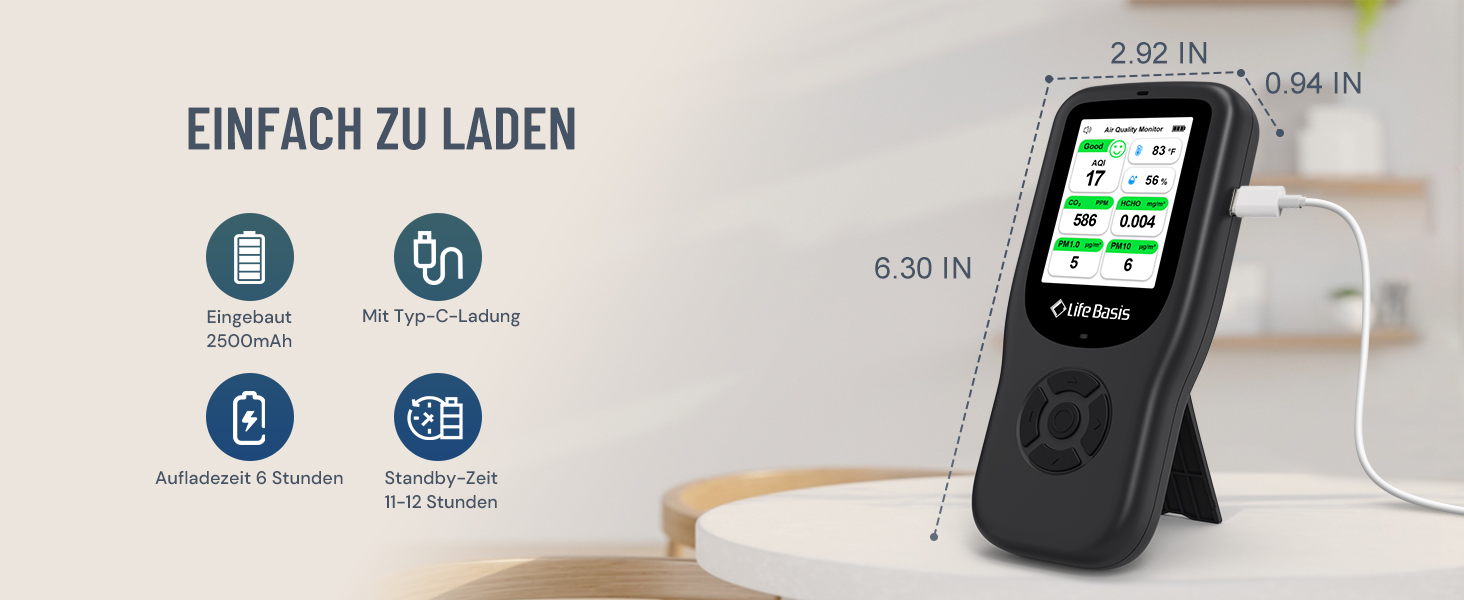 Детектор якості повітря LifeBasis 10 в 1: формальдегід, AQI, PM2.5/PM10, HCHO, TVOC, CO2, температура, вологість. USB зарядка для дому та офісу