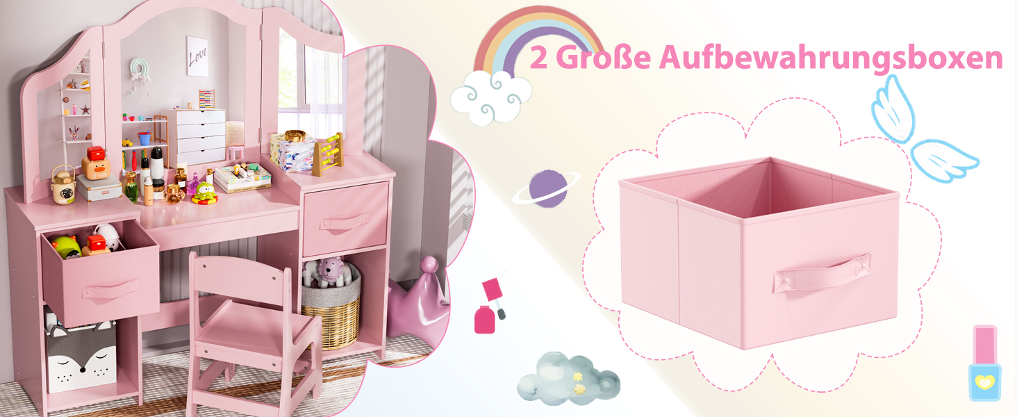 Дитячий туалетний столик MAMIZO 2 в 1 з дзеркалом та стільчиком, рожевий, з 2 висувними ящиками