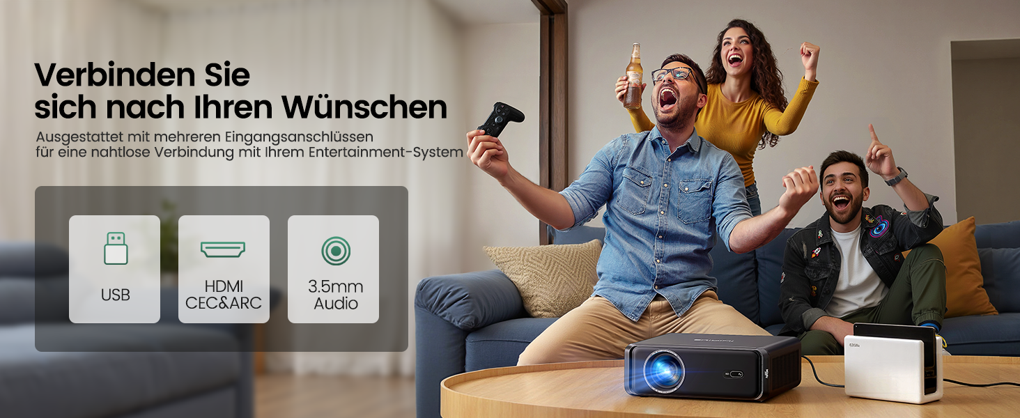 4K проєктор Smart Beamer з Netflix, Dolby Audio, 1000 ANSI люмен. Підтримка автофокусу, корекції трапеції 6D, WiFi 6/Bluetooth. Підходить для Android/iPhone, для дому та на вулицю. Чорний.