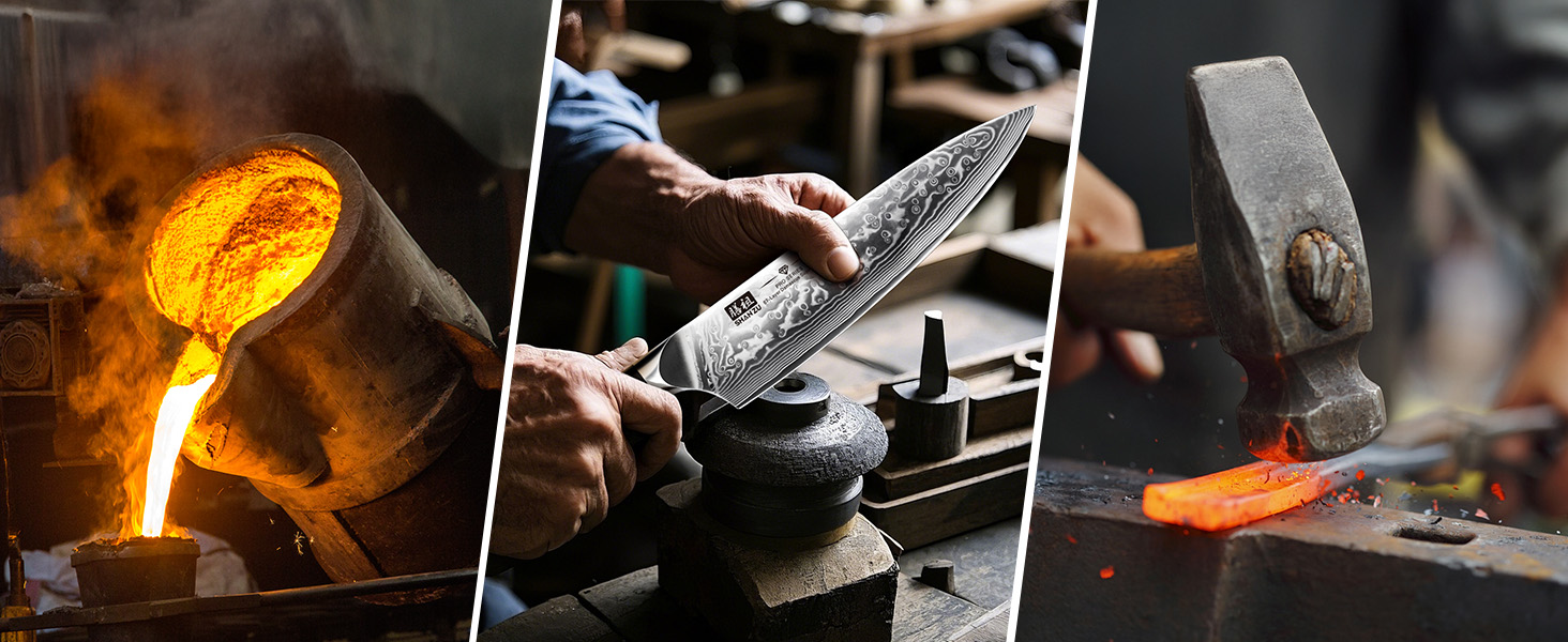 Набір кухонних ножів SHAN ZU PRO Series з дамаської сталі (67 шарів) з ручкою G10, 20 см (набір з бруском)