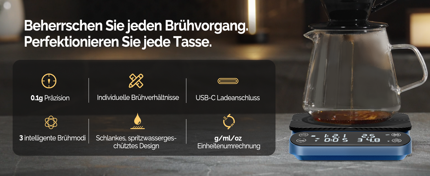 Ваги для кави Maestri House S3 з таймером, 3 кг/0,1 г, перезаряджувані, цифрові, для еспресо, з 3 режимами заварювання, регульованими пропорціями та індикатором потоку, для Pour Over, French Press (блакитні)