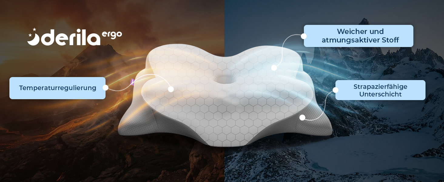 Ергономічна подушка для шиї та голови Derila з ефектом пам'яті (Memory Foam) для сну на боці, спині та животі, терморегуляційний чохол, 54x36x12 см