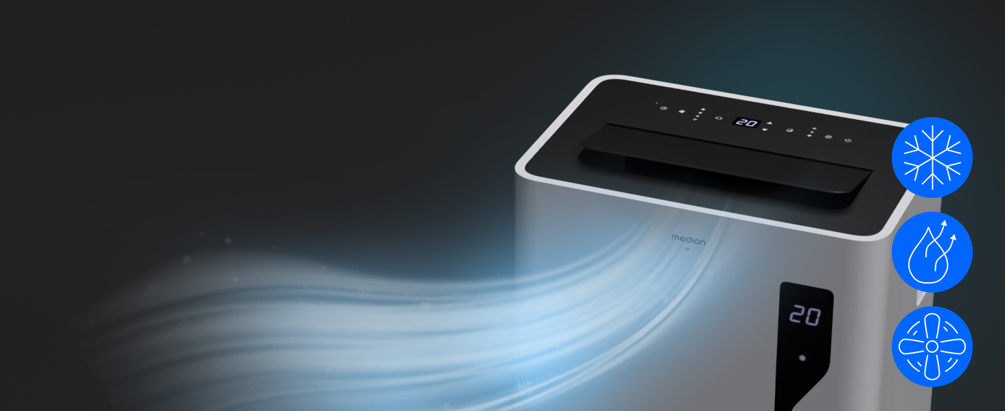 Мобільний кондиціонер MEDION P901 12000 BTU з пультом та Wi-Fi, 3-в-1 (охолодження, осушення, вентиляція), для приміщень до 32 м², білий