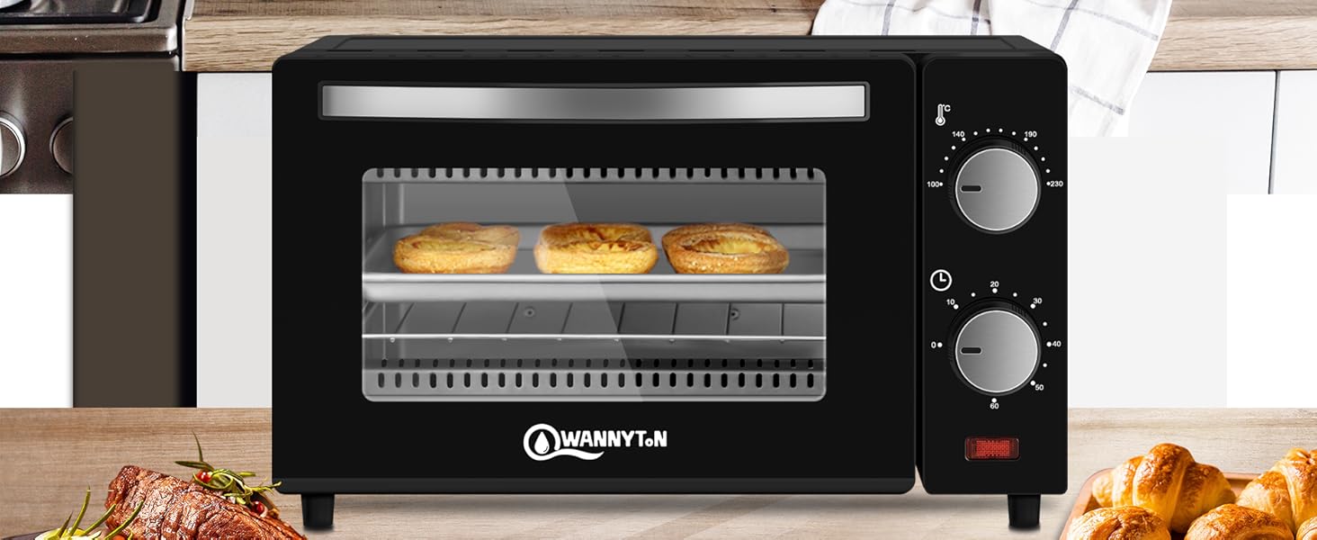 Міні-піч Wannyton 10L: піч для піци, випічки та хліба, 650W, 100-230°C, таймер, решітка, деко, чорний