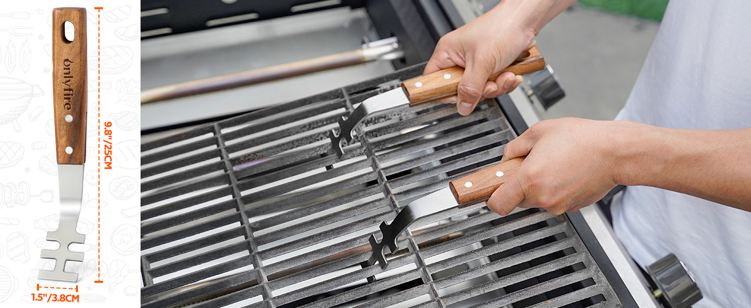 Набір гриль-посуду Onlyfire 4-TLG: щипці, лопатка, виделка, щітка з довгою ручкою з акації та нержавіючої сталі