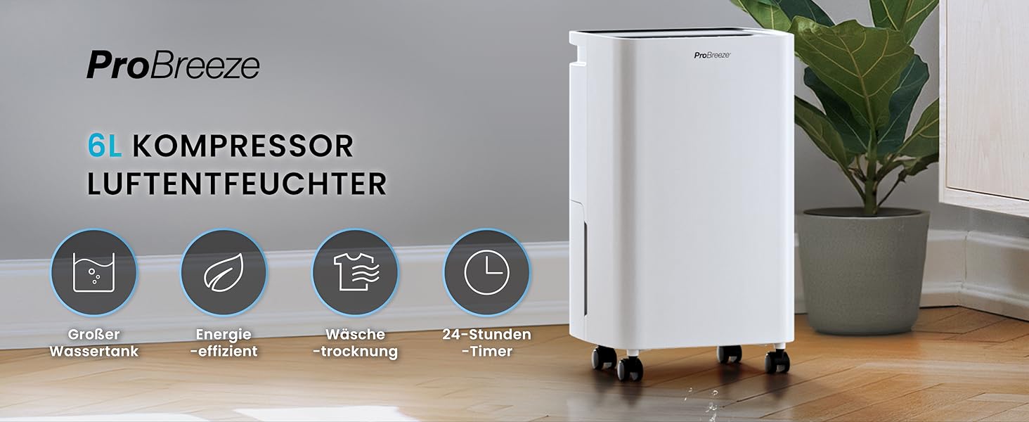 Електричний осушувач повітря Pro Breeze 20L - для дому, від вологи та цвілі, з функцією прання, таймером, фільтром, смарт-додаток, до 35 м²