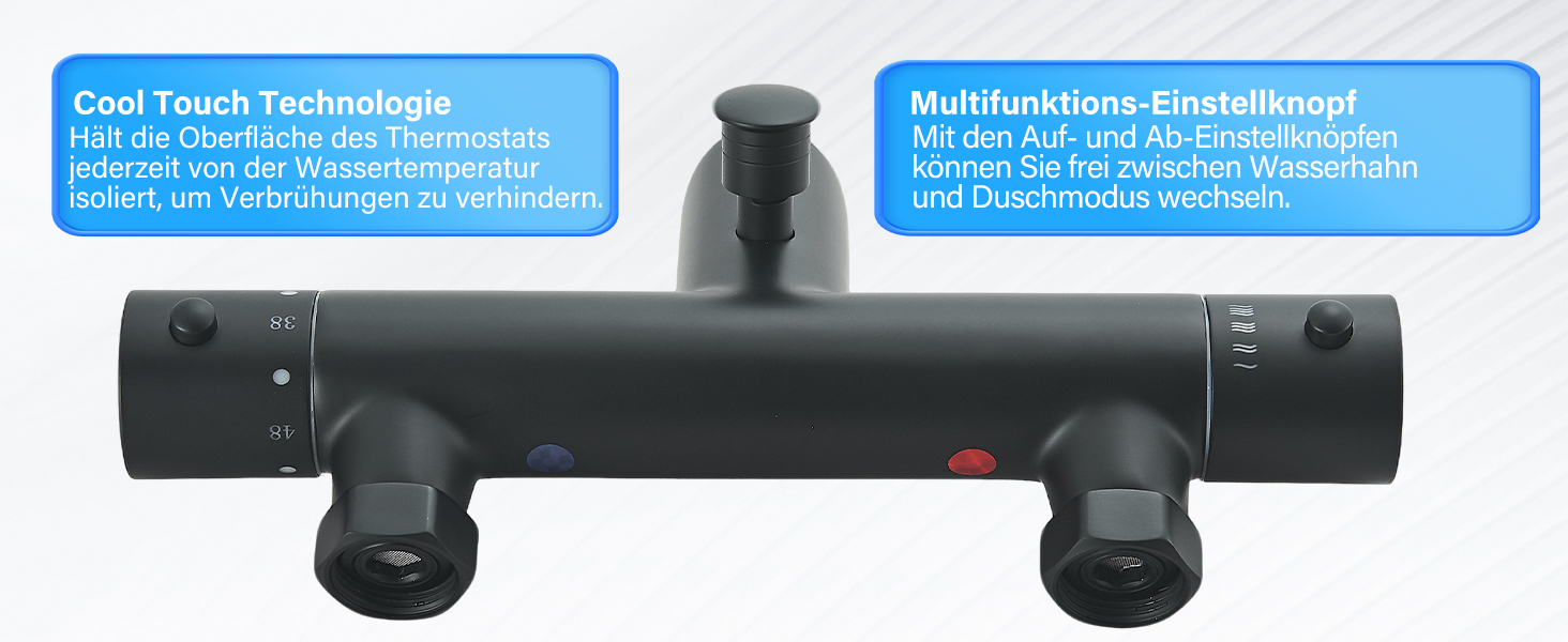 Змішувач для ванни з термостатом, чорний, настінний монтаж - універсальний для ванни та умивальника