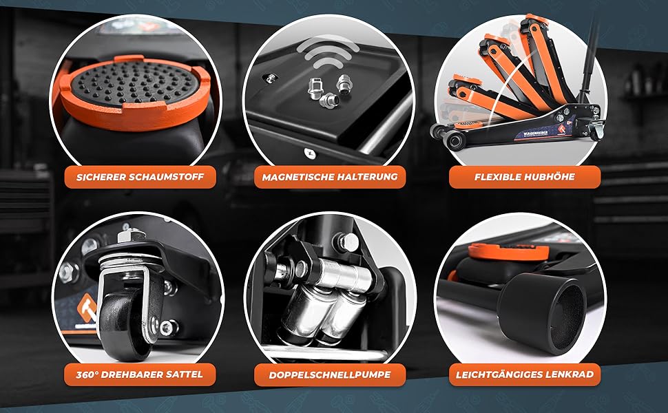 Гідравлічний домкрат HAMMERHART 3T з низьким профілем, 75-505мм, колеса 360°, подвійний поршень, гумова накладка, Т-ручка - Преміум якість