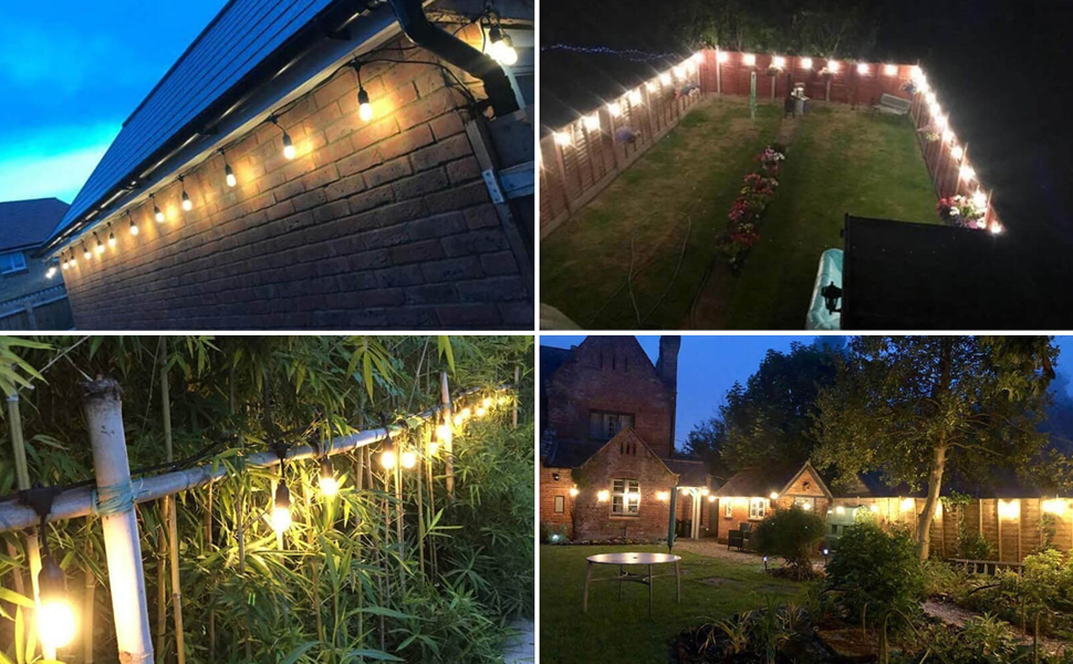 Ланцюжок прикрас для зовнішнього використання 30 м, ST45, LED, E27, тепле біле світло 2700K, IP65, вологостійкий, 30 x 1W, скляні лампочки S14 для вечірок та святкування