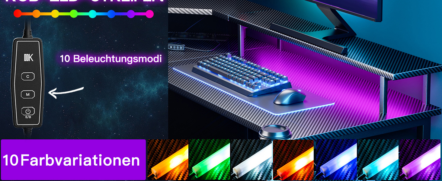 Ігровий стіл ODK 129x129 см з LED підсвічуванням, 2 розетки та USB зарядкою, стіл для ПК, комп'ютерний стіл, колір: чорний вуглеволокно