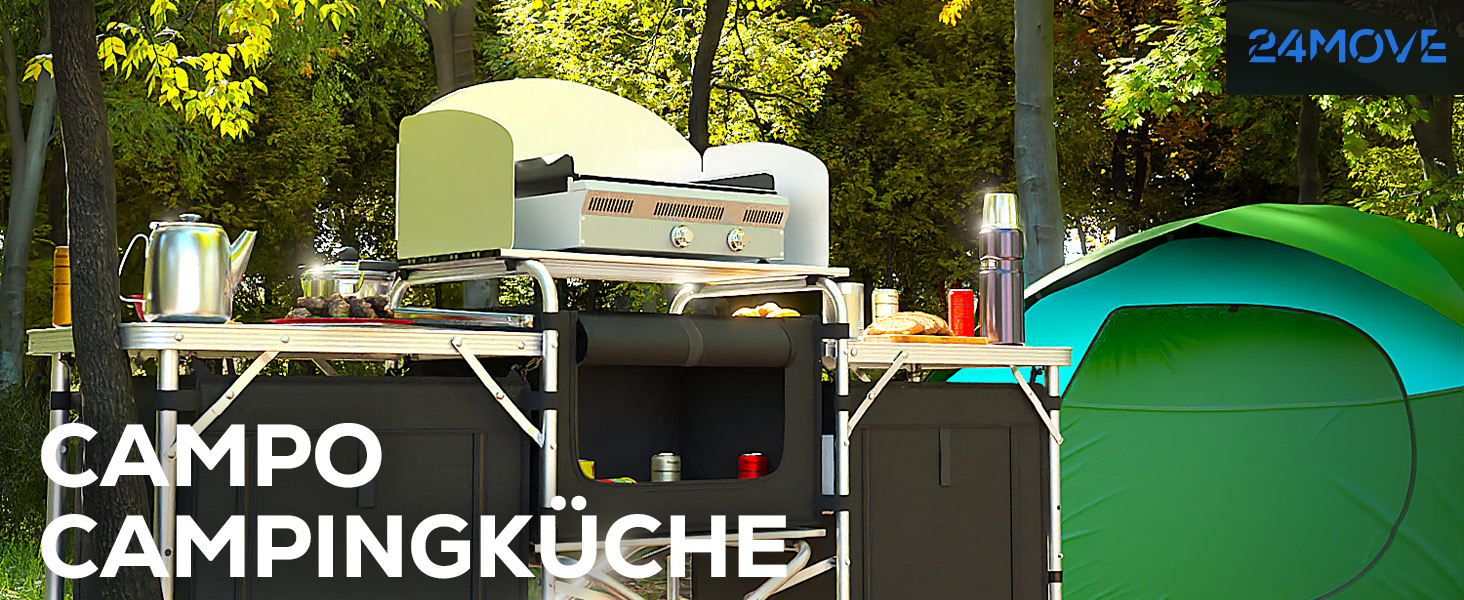 Складана туристична кухня 24MOVE® Campo: шафа для кемпінгу з робочою поверхнею та відсіками для зберігання (175x46x110, чорний)