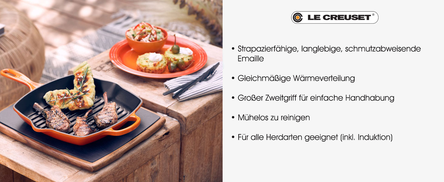 Сковорода-гриль LE CREUSET Signature з чавуну, квадратна, 26 см, для всіх типів плит (включно з індукційними), 2,86 кг, колір: рудо-червоний (Flint)