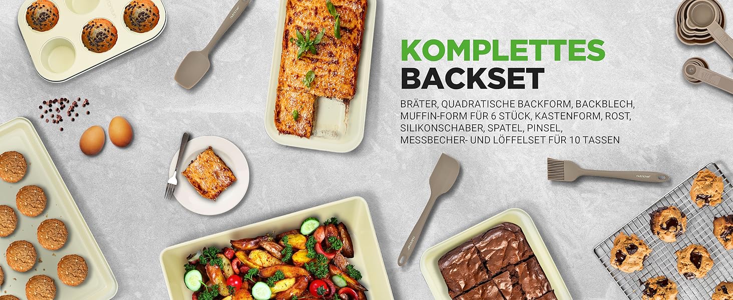 Набір посуду NutriChef 54 шт. – сковороди, каструлі, кухонні аксесуари талового кольору. З ножами, формами для випічки та аксесуарами. Підходить для індукційних, газових та електричних плит. Здорове та дієтичне приготування їжі