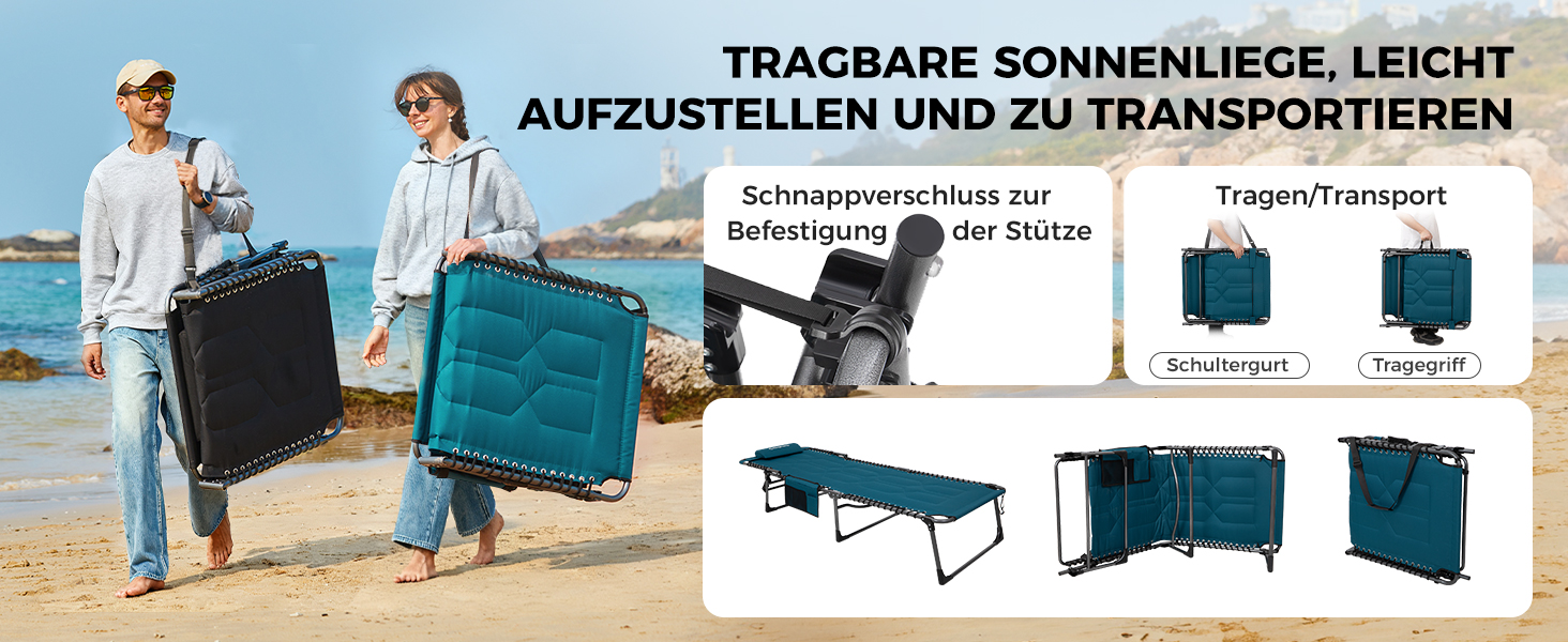 Лежак для відпочинку KingCamp великого розміру, складаний, 5 положень, для саду, кемпінгу, пляжу, з подушкою та кишенею, до 200 кг, 200 x 68 см, сірий