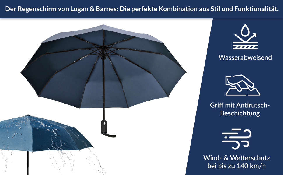 Складна парасолька LOGAN & BARNES Stormproof до 140 км/год, з тефлоновим покриттям, модель Boston (чорна)