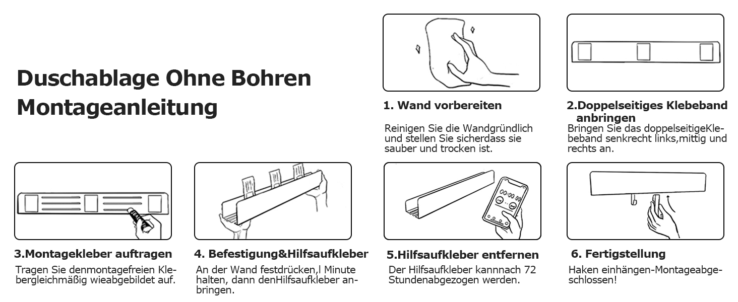 Поличка для душу Rekita без свердління, органайзер для ванної кімнати 40/60 см, нержавіюча сталь, 4 знімні гачки, тримач для шампуню, навісна поличка, полиця для ванної (Чорний)
