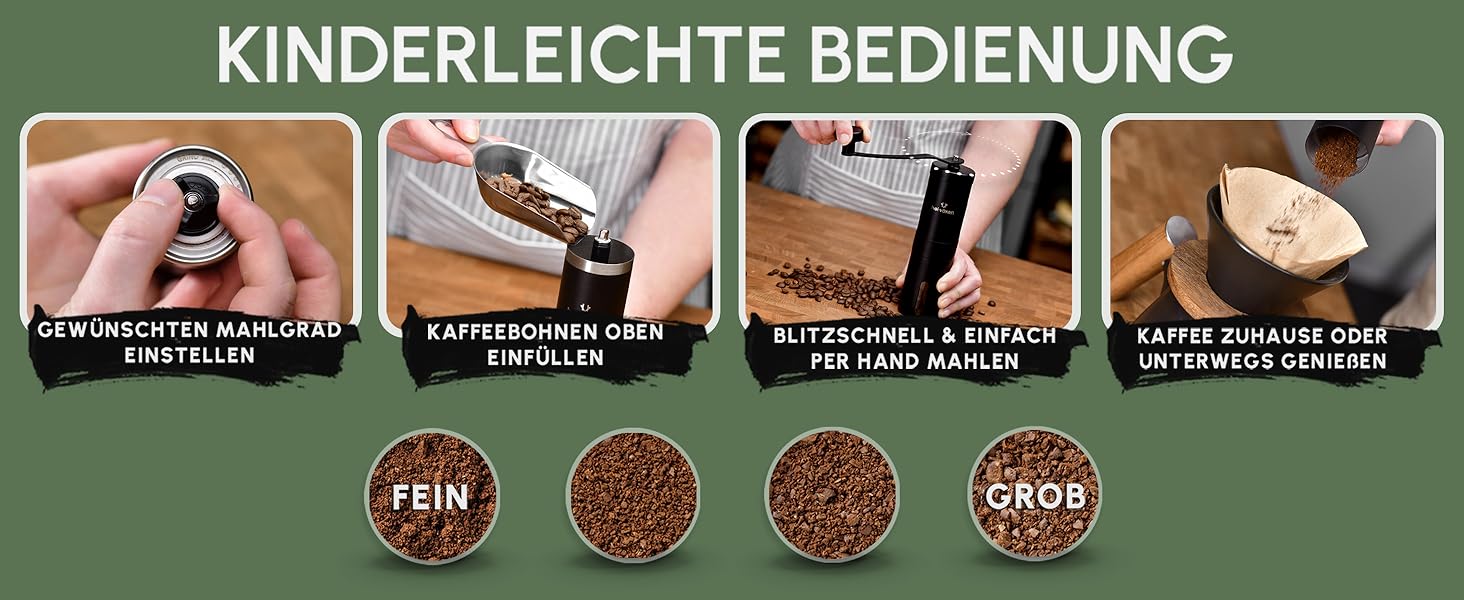 Ручна кавомолка з конічним жорнами - регульований ступінь помелу - кавомолка з нержавіючої сталі для дому та в дорогу