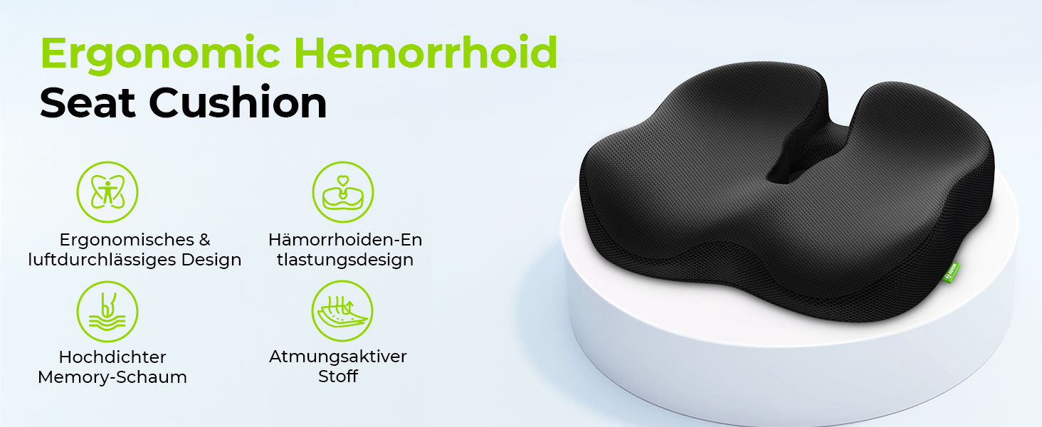 Ортопедична подушка для сидіння AUVON для офісного та автомобільного крісла, кільце для геморою, ергономічна - товстий пінополіуретан Memory Foam, міцна підтримка куприкової області та зняття болю, комфортне сидіння та покращення кровообігу
