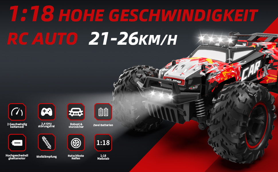 Радіокерований позашляховик Carox 1:18, 2.4 GHz, 25 км/год, червоний. RC монстр-трак з підсвіткою для гри