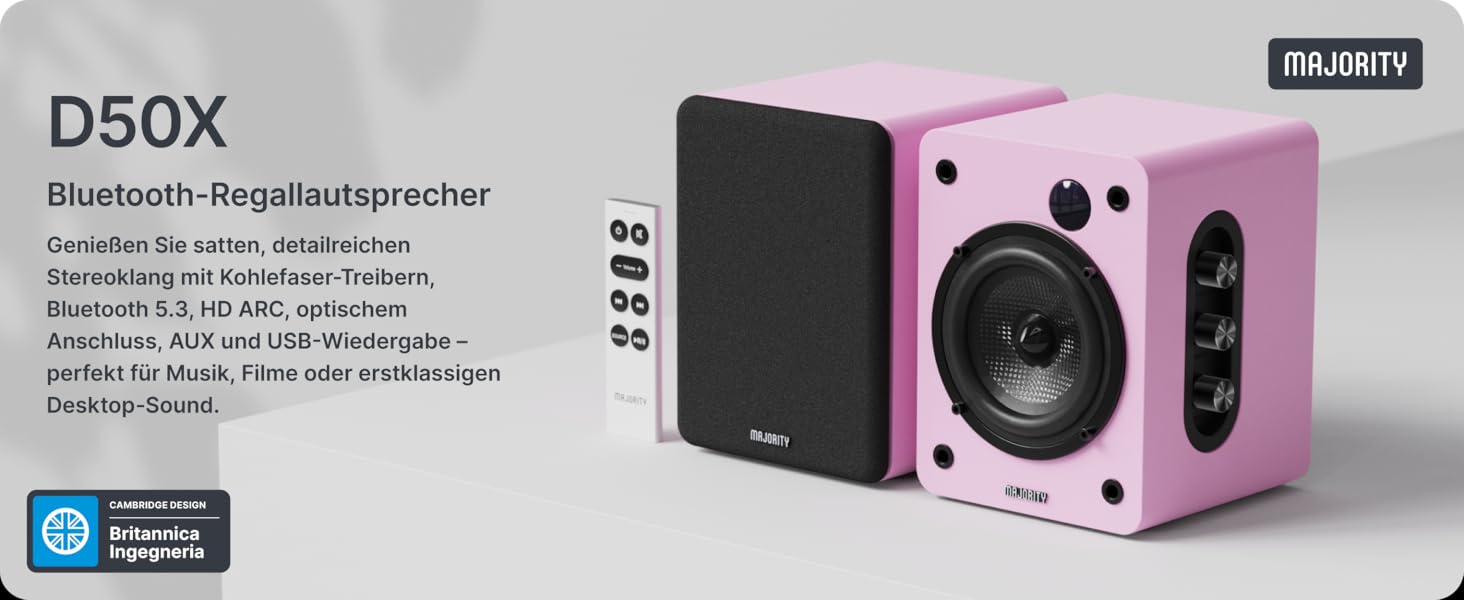 Активні Hi-Fi колонки Majority D50X 2.0, 60 Вт, Bluetooth 5.3, HDMI ARC, AUX, вуглецевий диффузор, для ПК та студії (Рожеві)