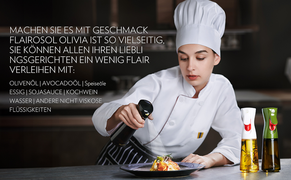 Скляний розпилювач для оливкової олії FLAIROSOL OLIVIA, 200 мл — дозатор для кухні з контролем порцій для фритюрниці, салатів та гриля (чорна пляшка)