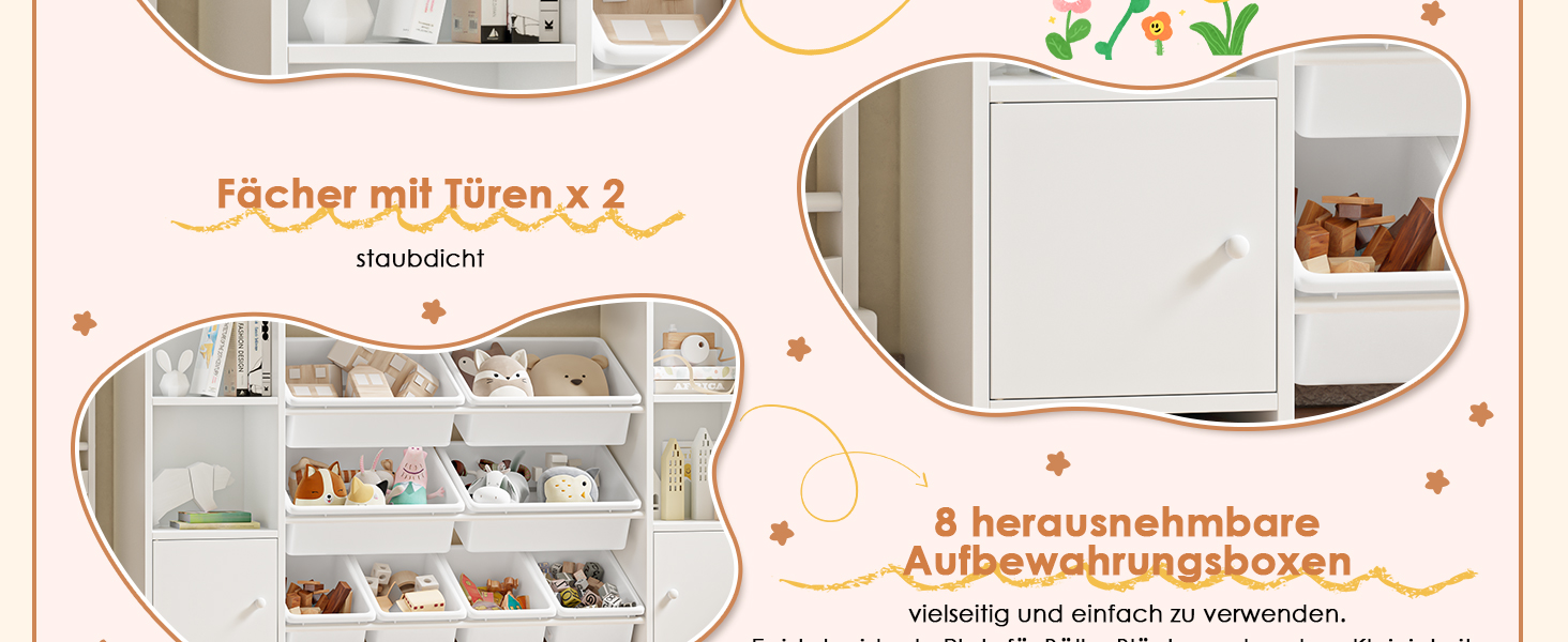 FOREHILL Дитяча полиця з 8 ящиками, дитячий шафчик, полиця для книг для дітей, органайзер для зберігання в дитячій кімнаті, меблі з іграшковою коробкою, 138,8 x 94,3 x 29,6 см, білий