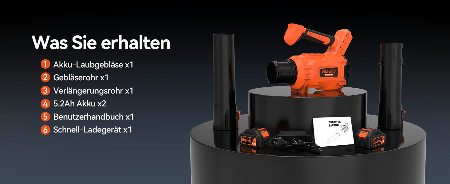 Акумуляторний повітродув Bravolu 21V: потужність 210 км/год, 4.0 Ah, 6 швидкостей (5200mAh x 2), з зарядним пристроєм