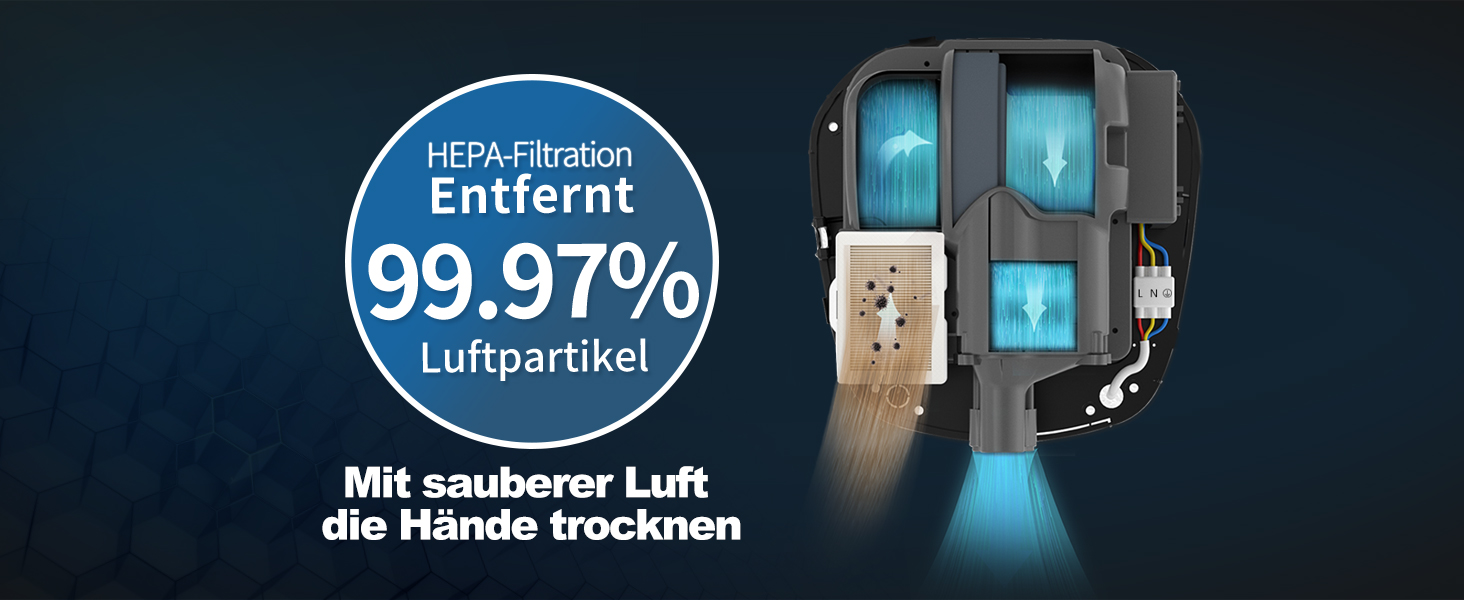 AIKE AK2801B Преміум сушарка для рук - електрична, з датчиком, HEPA-фільтр, нержавіюча сталь, 10-15 сек сушіння